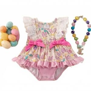 NEW KIDS CHARM girls floral bunny twirl onesie with side bows in pink